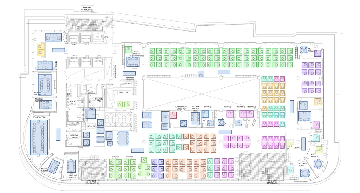 A floor plan with each department drawn in its own colour
