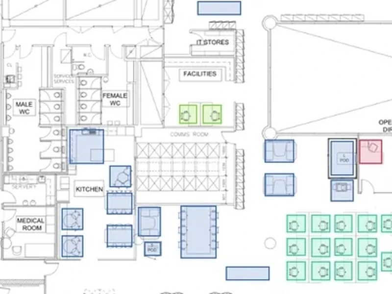 A close-up of a general arrangement drawing: walls, doors, furniture and services, drawn to a consistent standard