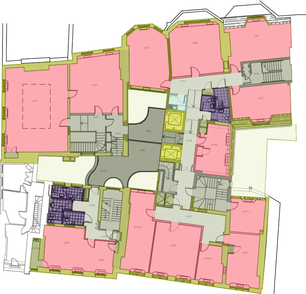 A measured floor plan with every area coloured by its space category: lettable space, core, circulation and services